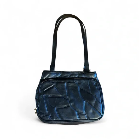 New Black Patchwork Leather Shoulder Bag Three Pockets - Picture 3 of 5